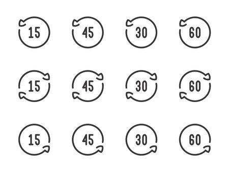 Rotate 15, 30, 45 and 60 degrees vector line icons. Angle of Rotation and Rotating arrow with angle value outline icon set.のイラスト素材