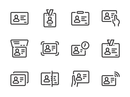 Identification Card and Identity Document vector line icons. Passport, Driver License and ID card outline icon set.のイラスト素材