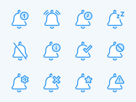 Bell and Notification vector line icons. Reminder and Announcement outline icon set. Mute, Night Mode, Settings and Configurations, Favorite, Information and more.のイラスト素材