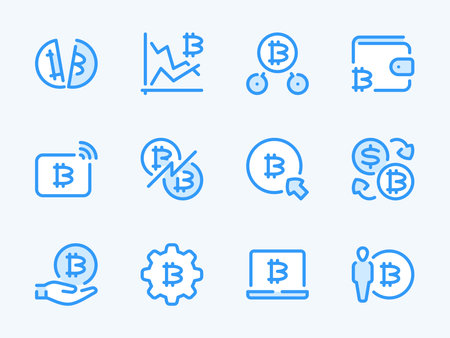 Bitcoin and Crypto vector line icons. Cryptocurrency outline icon set. Halving, Wireless Payment, Transfer, Exchange, Trade Market, Wallet and more.のイラスト素材