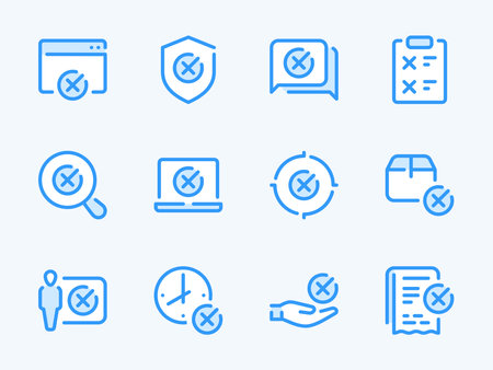Cancellation and Rejection vector line icons. Cross, Delete, Remove, Cancel and Reject outline icon set. Web Page, Laptop, Protection, Target, Delivery Box, Clipboard and more.のイラスト素材
