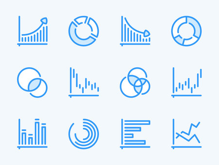 Graph and Chart vector line icons. Graphical Data Report outline icon set. Pie chart, Statistics, Graphic, Diagram, Flowchart and more.のイラスト素材