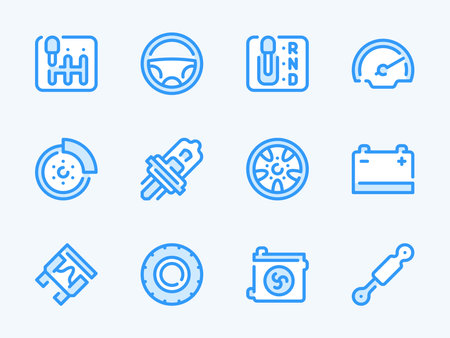 Car parts and Vehicle repair vector line icons. Auto service and Workshop outline icon set. Transmission, Shock Absorber, Steering Wheel, Tire, Fuse and more.のイラスト素材