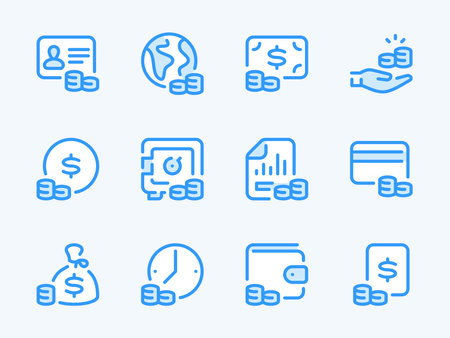 Money, Dollar and Finance vector line icons. Stack of coins and Savings outline icon set. Money management, Bank deposit, Money bag, Cashback, Wallet, Donations and more.のイラスト素材