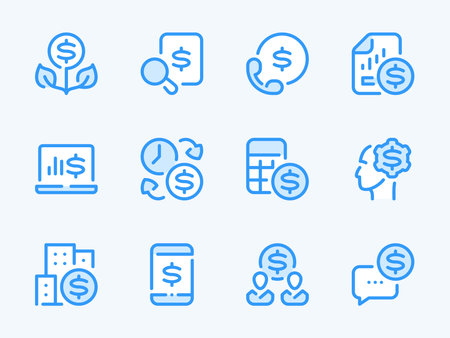 Money, Dollar and Finance vector line icons. Financial benefits and Cash flow analysis outline icon set. Financial growth, Hourly wages, Payment calculation, Business consulting and more.のイラスト素材