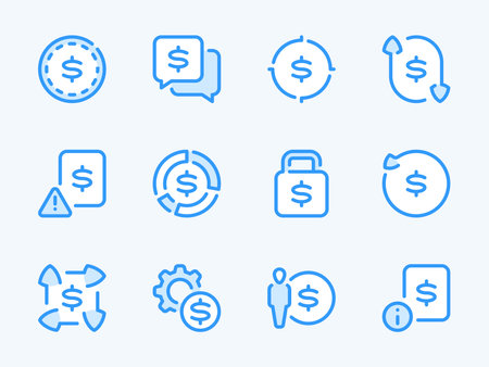 Money, Dollar and Finance vector line icons. Business and Financial advice outline icon set. Chart, Savings, Message, Lock, Money target, Statistical report and more.のイラスト素材