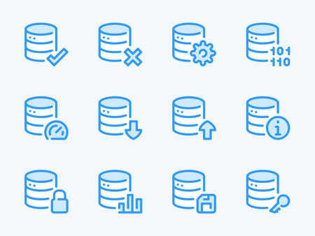 Database and Server vector line icons. Online Storage and Data Center outline icon set. Access, Programming, Performance, Configuration, Statistics, Password and more.のイラスト素材