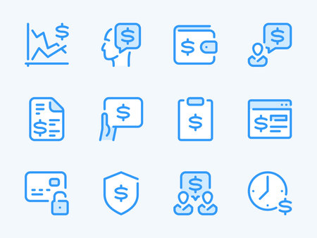 Money, Pay and Dollar vector line icons. Business and Finance outline icon set. Stock market, Price, Financial report, Online payment, Money talk, Hourly wage, Receipt, Safety and more.のイラスト素材