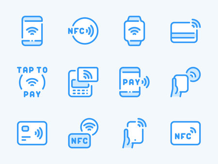 NFC and Contactless Payment vector line icons. Credit Card and Cashless Purchase outline icon set. Wireless Payment, Tap to Pay, Pos Terminal, Send Money and more.のイラスト素材