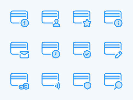 Credit card and Card services vector line icons. Finance and Payment outline icon set. Notification, New Message, Balance, Pending, Edit, Protection and more.のイラスト素材