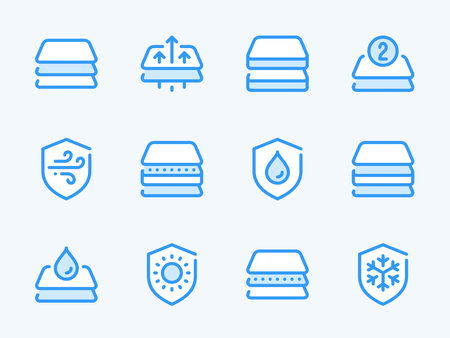 Fabric features vector line icons. Material protection and Layered fabric outline icon set. Wind Protection, Mattress, Waterproof, Cold Resistance, Multilayer Fabric and more.のイラスト素材