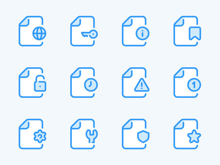 Document Functions and File Management vector line icons. Data settings and File Configurations outline icon set. Password, Login, Time, Alert, Notification, Bookmark, Information and more.のイラスト素材