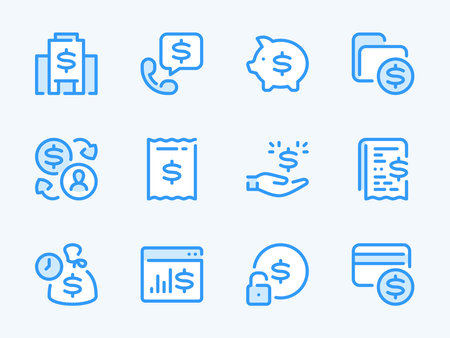 Money, Dollar and Finance vector line icons. Banking and Financial services outline icon set. Bank, Mortgage, Loan, Consumer credit, Deposit, Dividends and more.のイラスト素材