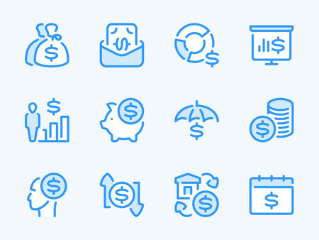 Money, Dollar and Finance vector line icons. Investment and Financial literacy outline icon set. Budget, Analytics report, Savings, Economy, Bank deposit and more.のイラスト素材