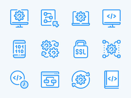 Web Development and Programming vector line icons. Coding and Software outline icon set. SSL, Encryption, Website, Code and more.のイラスト素材