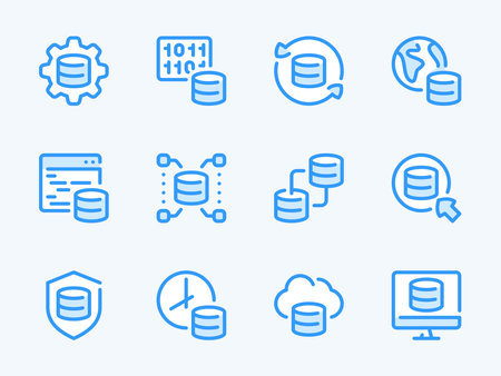 Database and Server vector line icons. Online Storage and Data Center outline icon set. System Configuration, Coding, Network, Protection, Backup, Programming and more.のイラスト素材