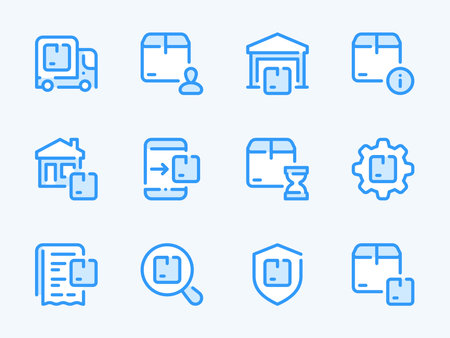 Shipping, Logistics and Delivery Box vector line icons. Deliver the Package and Order Transportation outline icon set. Cargo Truck, Settings, Info, Online Order, Home Delivery, Storage and more.のイラスト素材