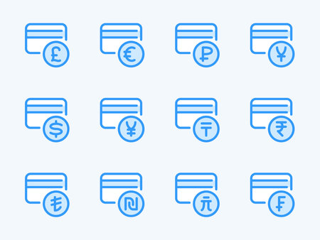 Credit Card and International Currencies vector line icons. Finance and Payment outline icon set. Dollar, Euro, Pound, Yen, Ruble, Frank, Lira and more.のイラスト素材