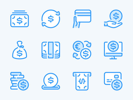 Money, Dollar and Finance vector line icons. Payment and Savings outline icon set. Money bag, Pile of coins, ATM, Credit card, Online payment and more.のイラスト素材