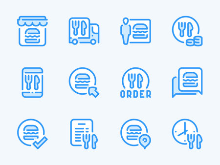 Meal Delivery and Food Delivery Service vector line icons. Ordering Groceries, Takeaway and Online Food Order outline icon set.のイラスト素材