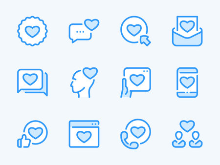 Like, Love and Heart vector line icons. Customer satisfaction and User feedback outline icon set. Valentine's day, Romantic Emotion, Favorite, Best Content and more.のイラスト素材