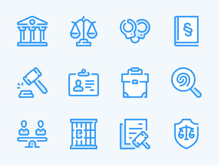 Law and Justice vector line icons. Judgment and Legislation outline icon set. Scales of Justice, Handcuffs, Courthouse, Evidence, Verdict, Prison Cell, Punishment, Authority, Jail and more.のイラスト素材