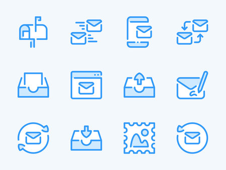 Mail and Email vector line icons. Inbox and Letter outline icon set. Mailbox, Reply, Postage Stamp, Send, Receive, Forward and more.のイラスト素材