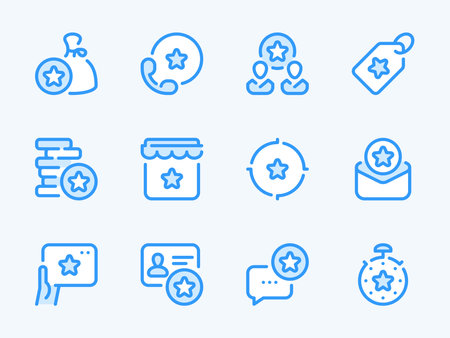 Loyalty program and Bonus points vector line icons. Collect coins and Reward star outline icon set. Membership system, Benefit, Special, Gift bonus offer and more.のイラスト素材
