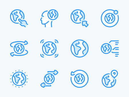 Globe and Earth vector line icons. Planet and Global network outline icon set. Worldwide, Rotation, Orbit, Satellite, Location and more.のイラスト素材