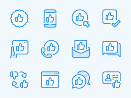 Thumbs up and Like vector line icons. Feedback and Rating outline icon set. Positive Feedback, Client Satisfaction, Great, Best Content, Review Ranking and more.のイラスト素材