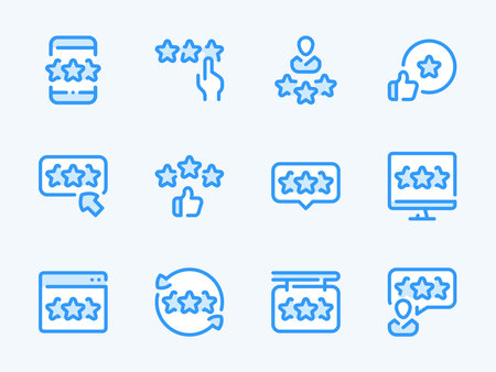 Rating vector line icons. Rank and Review outline icon set. Client Satisfaction, Social Ranking, Best Feedback, Rate from Mobile Phone, Website, Computer, Positive Opinion and more.のイラスト素材