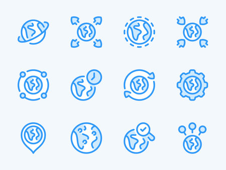 Globe and Earth vector line icons. Planet and Global network outline icon set. Atmosphere, Rotation, Orbit, Satellite, Location and more.のイラスト素材