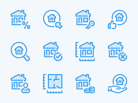 Real Estate and Property vector line icons. Building and Apartment ownership outline icon set. Mortgage, Price, Research, Discount, Plan, Calculations, House and more.のイラスト素材