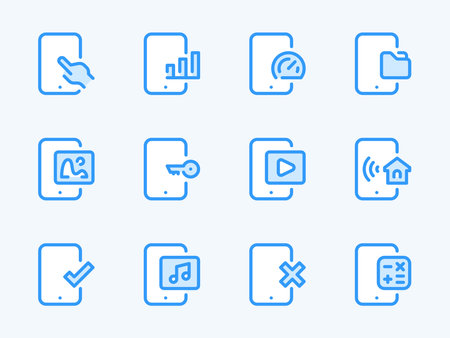 Mobile Phone Applications and Services vector line icons. Smartphone Preferences outline icon set. Photo, Video, Audio, Report, Access, Files and more.のイラスト素材