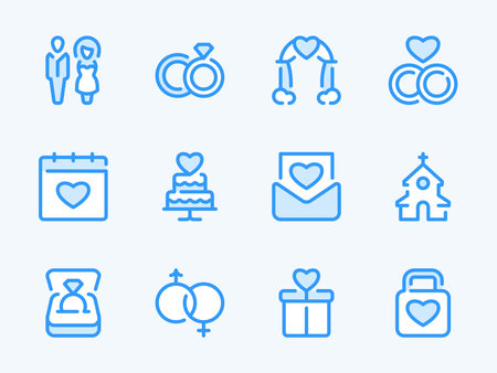 Wedding day and Solemn event vector line icons. Marriage and Engagement outline icon set. Newlyweds, Proposal, Cake, Wedding Rings, Gifts, Wedding Arbor and more.のイラスト素材