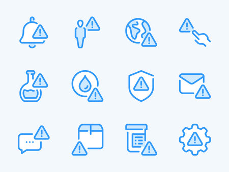 Warning and Alert Notification vector line icons. Error, Attention and Caution outline icon set. Medicines, Poison, Delivery Box, Mail, Settings, Bell and more.のイラスト素材