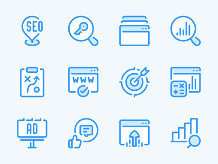 Search Engine Optimization vector line icons. SEO and Business research outline icon set. Target Audience, Strategy, Marketing, Outdoor Advertising, Keyword, SMM and more.のイラスト素材