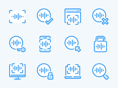 Voice Recognition and Sound scanning vector line icons. Authentication and Identification outline icon set. Voice Recording, Scan, Online Playback, Access, Protection and more.のイラスト素材