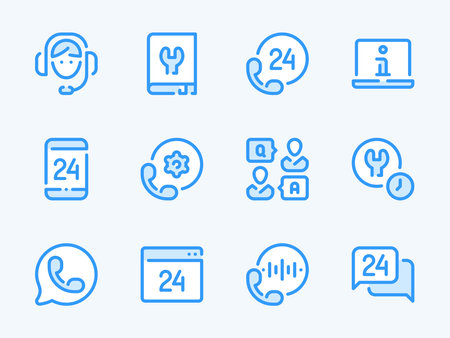 Customer Support Service and Helpline vector line icons. Assistance and Consulting outline icon set. Operator, Help, Question and Answer, Call center and more.のイラスト素材