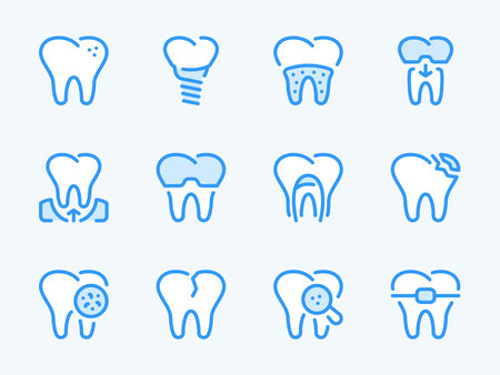Tooth and Teeth care vector line icons. Dentistry, Dental problems and Dentistry outline icon set. Braces, Caries, Implant, Cracked Tooth and more.のイラスト素材