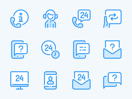 Customer Support Service and Helpline vector line icons. Assistance and Consulting outline icon set. Operator, Help, Question and Answer, Assistant and more.のイラスト素材