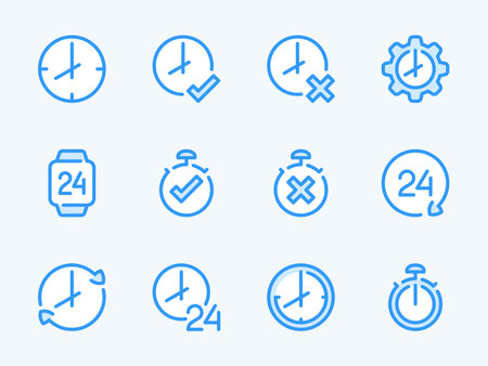 Time and Clock vector line icons. Watch and Hour outline icon set. Countdown, Timer, 24 Hours, Deadline, Time management and more.のイラスト素材