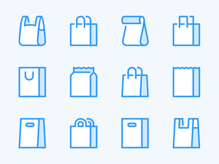 Shopping bag and Shopper variations vector line icons. Paper market pack and Grocery handbag outline icon set.のイラスト素材