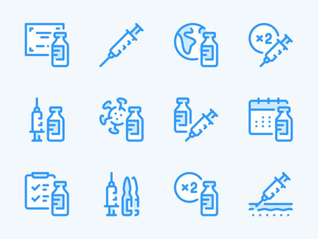 Vaccine and Injection vector line icons. Vaccination and Medicine outline icon set. Antibiotic, Ampoule, Antiviral Drug, Dosage, Syringe, Medicine Bottle, Medication Schedule and more.のイラスト素材