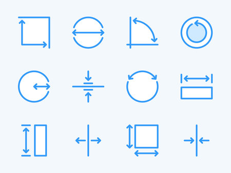 Measurement and Dimension vector line icons. Size and Scale Measure outline icon set. Length, Width, Thickness, Radius, Diameter, Angle, Circumference, Area and more.のイラスト素材