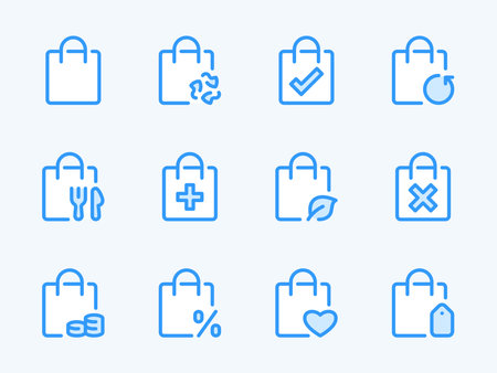 Shopper and Plastic bag variations vector line icons. Delivery Pack and Bag for different purposes outline icon set. Food, Discount, Price, Eco Product, Purchase returns and more.のイラスト素材