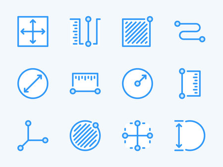 Measurement and Dimension vector line icons. Size and Scale Measure outline icon set. Length, Width, Segment, Depth, Radius, Diameter, Angle, Circumference, Area and more.のイラスト素材