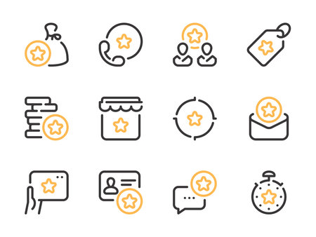 Loyalty program and Bonus points vector line icons. Collect coins and Reward star outline icon set. Membership system, Benefit, Special, Gift bonus offer and more. Color highlight symbols.のイラスト素材