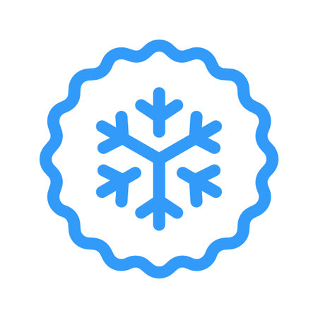 Snowflake ribbon line vector icon. Label for frozen product. Cold temperature stamp. Cold food storage pictogram. Round button with snow symbol. Keep frozen sign.のイラスト素材