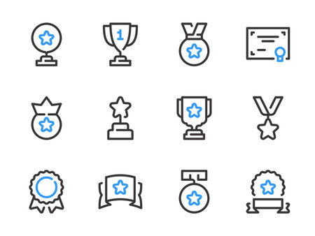 Awards, Prize Cup and Trophy vector line icons. Victory Medal and Winner Ribbon outline icon set. Trophy cup, Certificate, Diploma and more.のイラスト素材